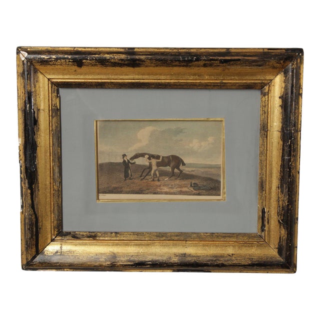 English Traditional Antique Framed Equestrian Print, 'Rubbing Down' For Sale