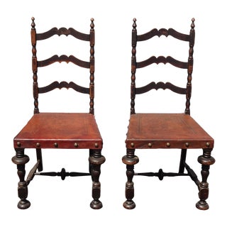 Pair Antique Spanish Style Leather Embossed Side Chairs W Decorative Nails For Sale