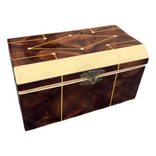 Antique English Art Deco Regency Faux Tortoiseshell and Faux Ivory Tea Caddy Box With Inlay For Sale