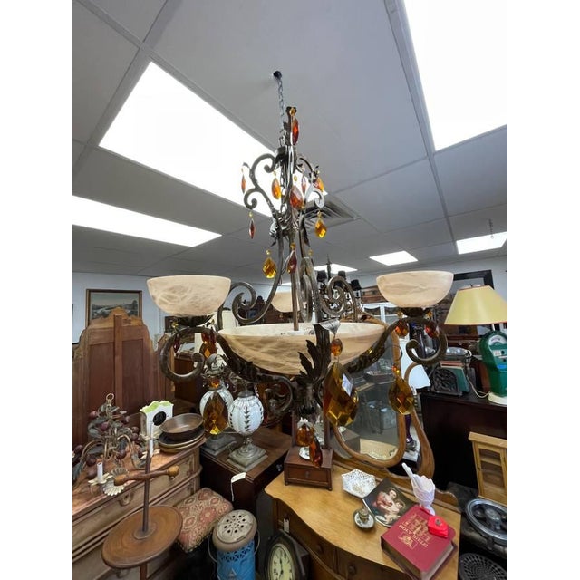 Vintage Fredrick Ramond Alabaster Glass Lighted Chandelier, Amber Crystal Glass, Six Lights, Metal For Sale - Image 4 of 11
