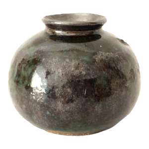 1970s Artisan Metallic Glaze Green Brown Small 3.5" Signed Art Pottery Pot VGC