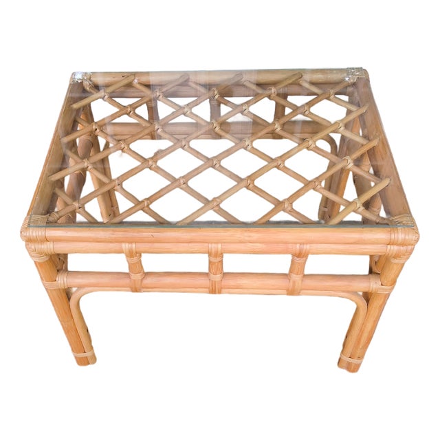 Mid 20th Century Ficks Reed Type Bamboo/Rattan Glass Top End Table For Sale