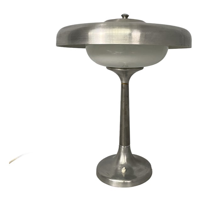 Italian Art Deco Table Lamp in Aluminum and Opaline Glass, 1940s For Sale
