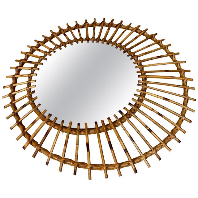 Mid-Century Modern Mid Century Spanish Sunburst Or Flower Shaped Mirror In Rattan For Sale - Image 3 of 6