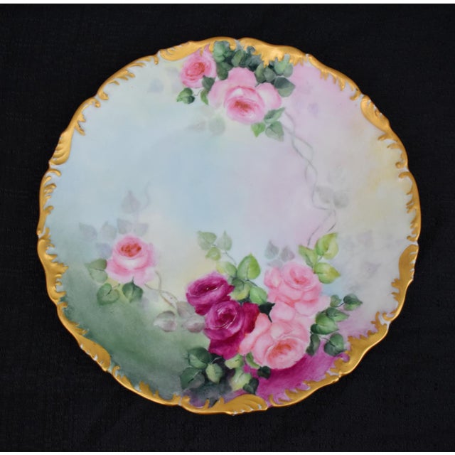 Antique T and v Limoges French Porcelain Cabinet Plate Hand Painted Roses Gold Rim For Sale - Image 9 of 15