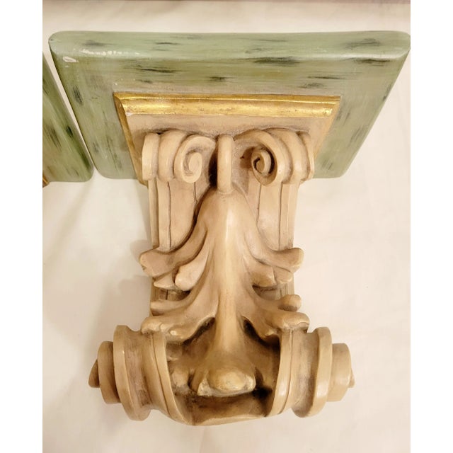 Chelsea House Inc Vintage Plaster Dry Brushed Antique Tan, Pale Green Gold Heavy Wall Sconce Wall Shelves- a Pair For Sale - Image 4 of 7