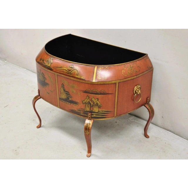 Decorative Italian Red Tole Metal Chinoiserie Gilt Decorated Floor Jardiniere Planter Pot. Circa 21st Century, Pre-owned....