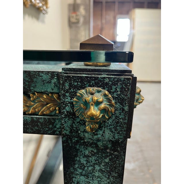 Wood Vintage Neoclassical Verdigris Wood, Brass and Glass Tiered Console Table For Sale - Image 7 of 11