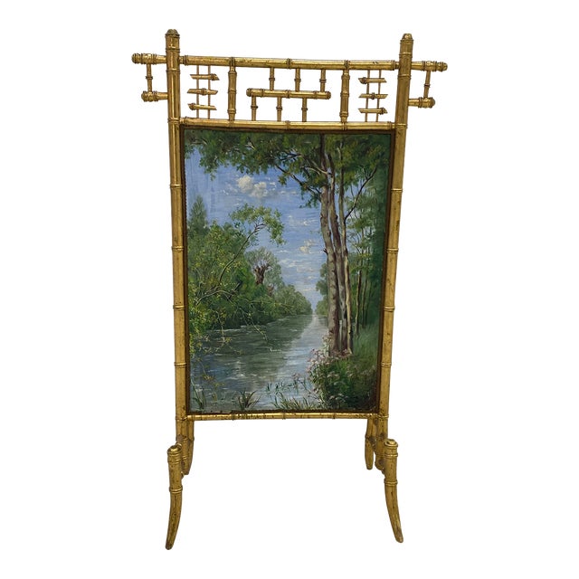 Late 20th Century Faux Bamboo Giltwood French Decorative Firescreen For Sale