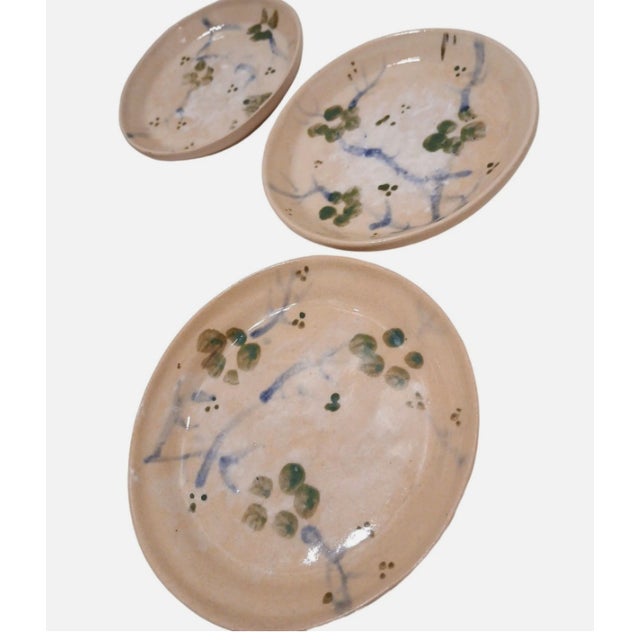 Vintage Asian Pottery Sushi Plates Oriental Cherry Blossom Floral Hand Painted - 8 pcs For Sale In San Diego - Image 6 of 9