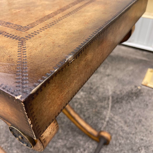 Late 20th Century Neoclassical Tooled Leather Greek Key X Base Console Table by Kreiss Collection For Sale - Image 5 of 12