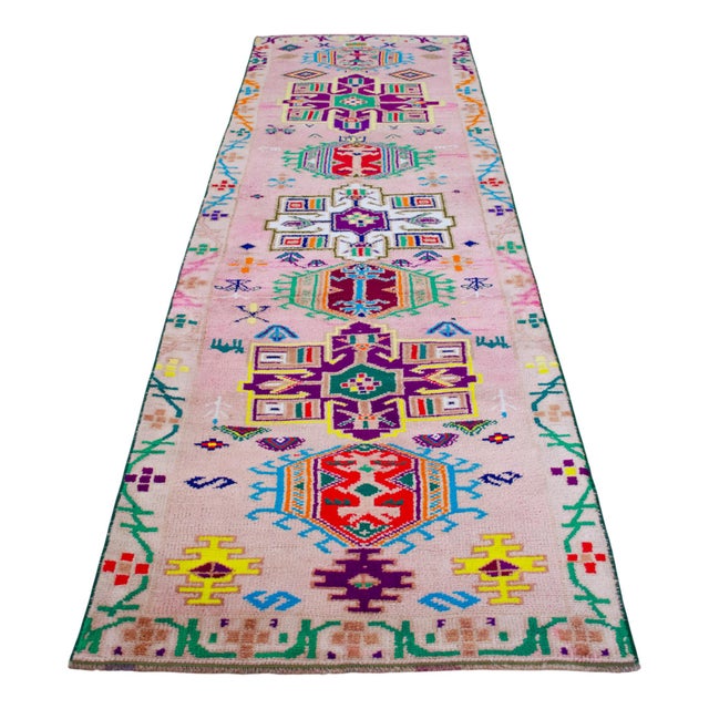 1970s 1970s Runner Rug Turkish Hand-Knotted Rug Pink Hallway Decor Kitchen Runner 3x10 Ft Approx For Sale - Image 5 of 18