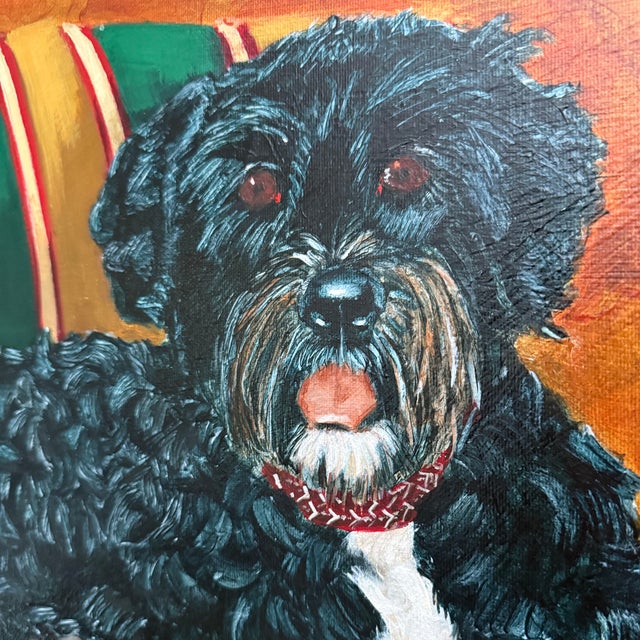 Pair of Large Original Oil Portraits of a Portuguese Water Dog on a Striped Bergère For Sale - Image 9 of 15