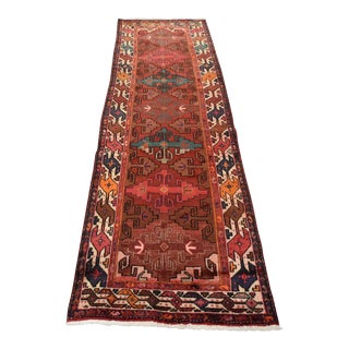 Hamedan Runner 3'5'' X 10'3'' Red Wool Vintage Tribal Hand-Knotted Oriental Rug For Sale