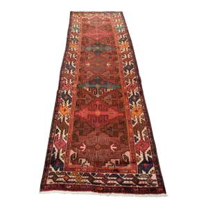 Hamedan Runner 3'5'' X 10'3'' Red Wool Vintage Tribal Hand-Knotted Oriental Rug