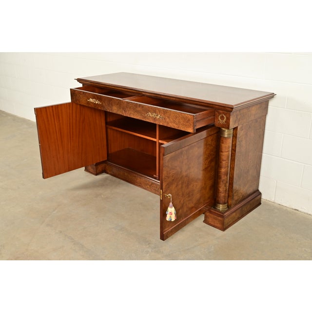 Baker Furniture Style French Empire Burl Wood Sideboard or Bar Cabinet With Mounted Ormolu For Sale In South Bend - Image 6 of 15
