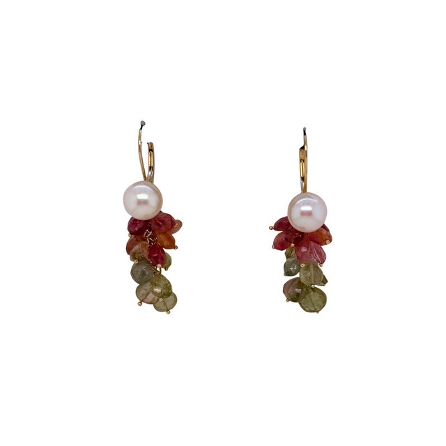 Modern Late 20th Century Pair of Estate 14k Gold Pearl & Multi‑Color Tourmaline Cluster Drop Earrings For Sale - Image 3 of 6