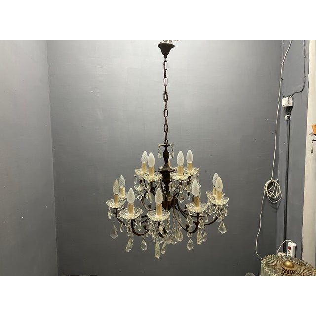 Vintage Bronze Crystal Chandelier 15 Lights, 1950s For Sale - Image 11 of 13