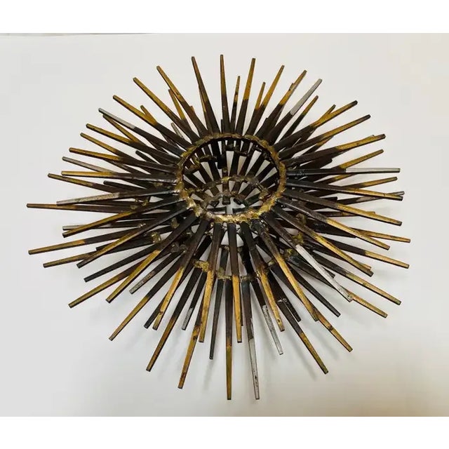 Gold Mid 20th Century Diminutive Gilt Iron Two-Tier Sunburst Wall Sculpture by William Bowie For Sale - Image 8 of 13