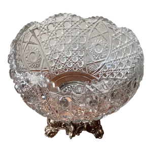 Vintage Large Glass Centerpiece Bowl With Victorian Style Brass Stand, Circa 1950s