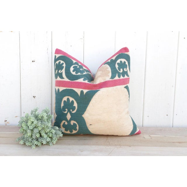 Teal Bashful Beige Vintage Suzani Pillow For Sale - Image 8 of 9