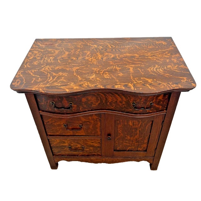 Victorian 19th Century Victorian Tiger Oak Credenza / Side Cabinet With Serpentine Front For Sale - Image 3 of 13