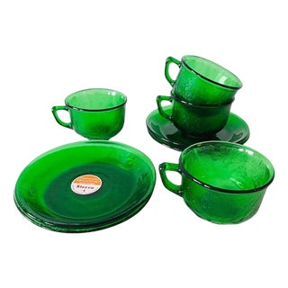 Vintage Sierra Breakfast Service in Green Glass from Arcoroc, 1960s, Set of 12 For Sale