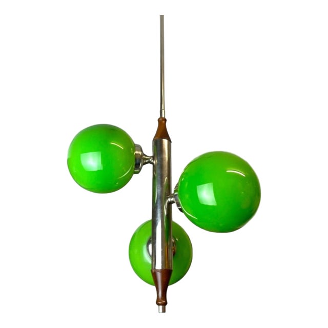 Mid-Century Modern Space Age Portuguese Chandelier with Green Glass Globes, 1960s For Sale