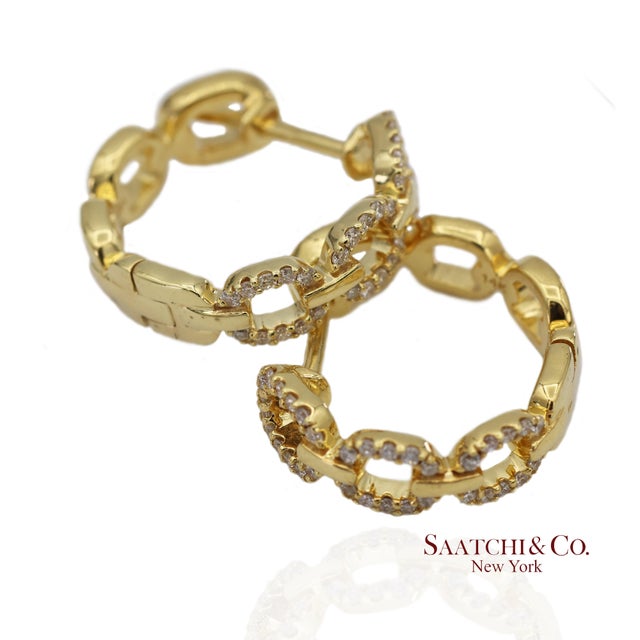 14k(585) Solid Yellow Gold Natural Diamond Link Chain Huggies Earrings, A Pair For Sale - Image 9 of 12