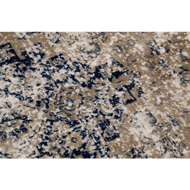 Vintage Handmade Medallion Motif Tan and Blue Distressed Wool Rug For Sale - Image 10 of 11
