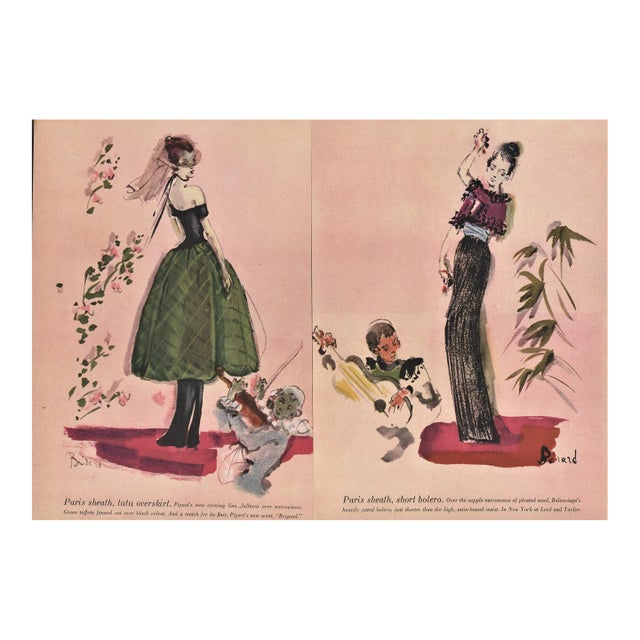 1947 Rare PAIR-French Fashion Design Prints-Balenciaga, Piguet, Matted For Sale