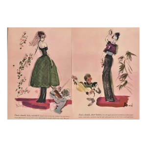 1947 Rare PAIR-French Fashion Design Prints-Balenciaga, Piguet, Matted