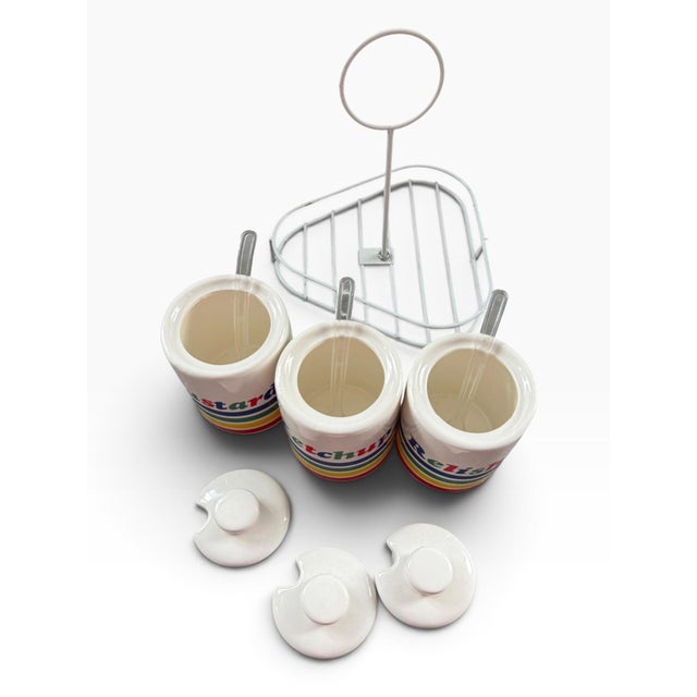 Vintage 1986 Hoan Ceramic Condiment Set With Caddy, Rainbow Stripe, Mustard Ketchup Relish For Sale In Portland, ME - Image 6 of 7