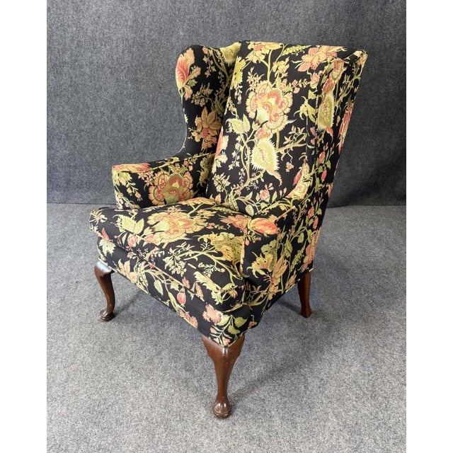 Wood Vintage Queen Anne Upholstered Wingback Chair For Sale - Image 7 of 15