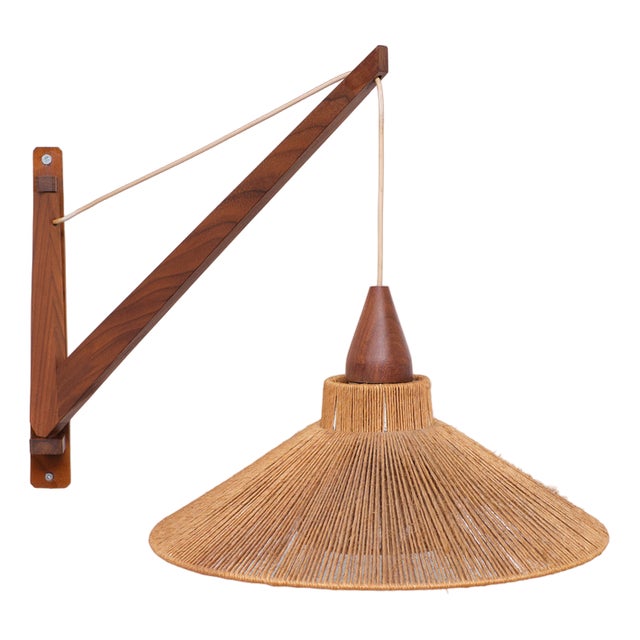 Wall Lamp in Teak and Sisal from Temde, Switzerland, 1960s For Sale