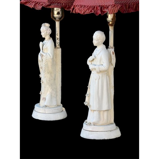 1940s Pair of Lamps White Porcelain Figurines With Custom Pinstriped Shades For Sale - Image 16 of 16