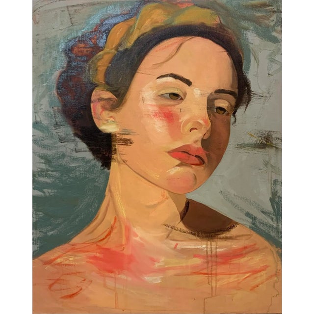 Boho Portrait of a Woman on Grey Expressive Portrait Oil Painting 30x24 For Sale