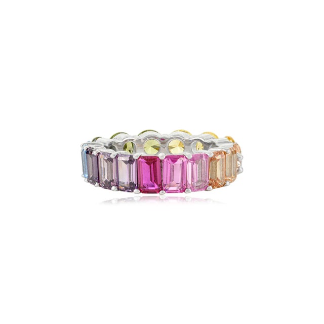 Metal Rainbow Gemstone Eternity Band in Sterling Silver - Multi-Color Gemstone Ring Size 8 For Sale - Image 7 of 14