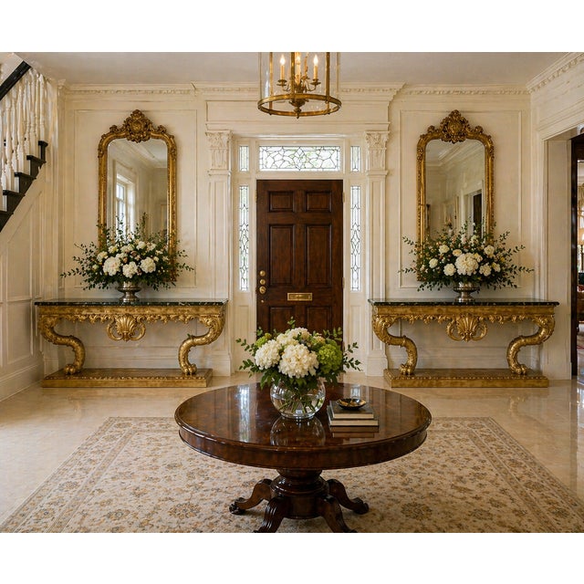 A striking and highly decorative pair of large-scale giltwood console tables crafted in the Italian Baroque Revival style...