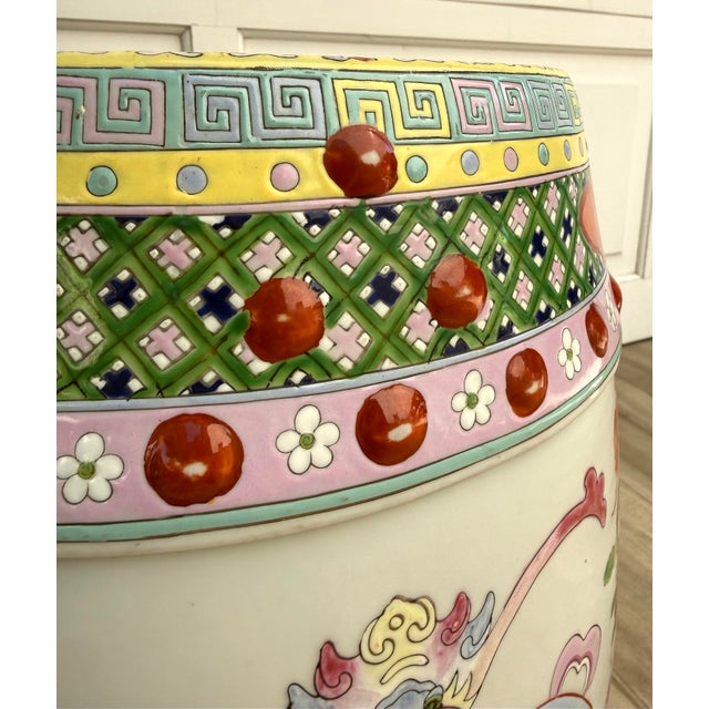 Ceramic Mid-20th C. Chinese Famille Verte Hand-Painted Ceramic Garden Stool/Side Table For Sale - Image 7 of 13