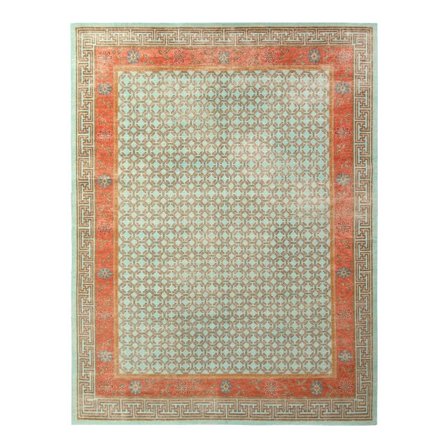 Rug & Kilim’s Oversized Border Rug in Mint and Rust, 12x15 For Sale