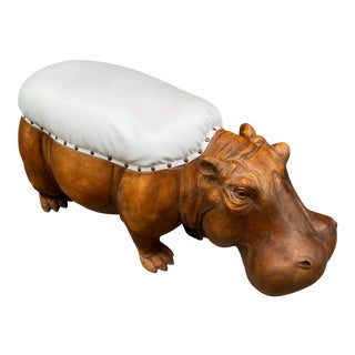 Large Wooden Hippo Stool With Cushion For Sale