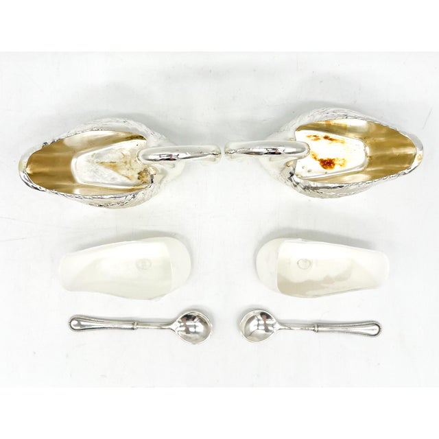 Metal Mid 20th Century Venetian Italian Silver Plated Swan Salt Cellars With Tray & Spoons — Hollywood Regency, Mid-Century Silverplate - Set of 6 For Sale - Image 7 of 16