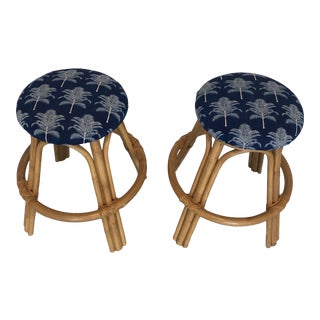 Vintage Rattan/Bamboo Leather Wrapped Stools - a Pair For Sale