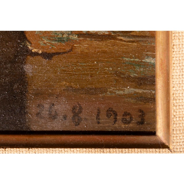 Dimensions without frame: 24,3 x 30 x 1 cm. Dated "26.08.1903" in the lower right corner. An atmospheric forest interior...