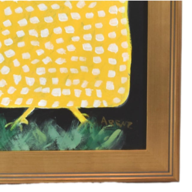 Shabby Chic Yellow & White Spotted Folk Art Chicken Hen Painting by Ruth Arenz Including the Antiqued Gold Wood Frame For Sale - Image 3 of 6