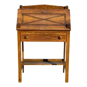 Antique Arts & Crafts Mission Oak Slant Lid Desk or Dry Bar With Twin Obelisks