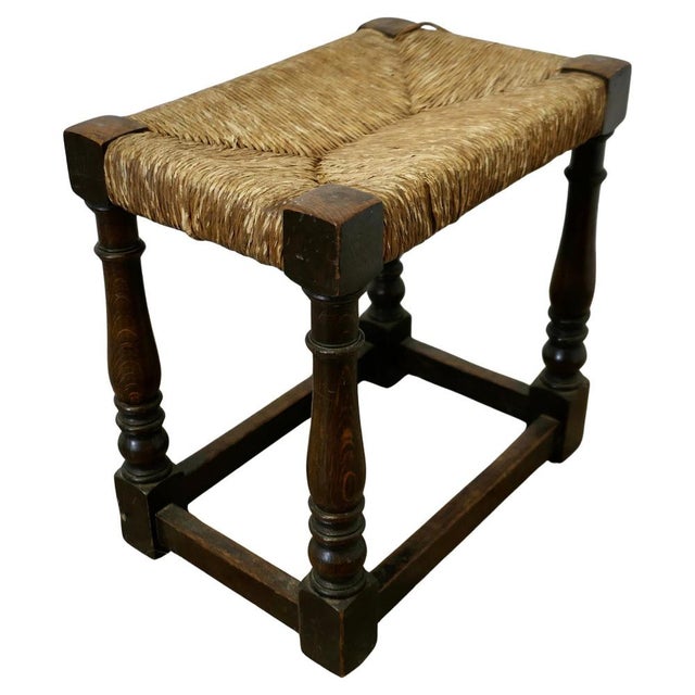Woven Rush Seated Oak Joint Stool For Sale - Image 9 of 9