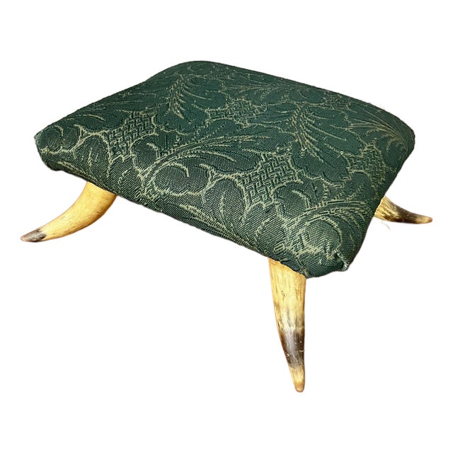Antique Victorian Western Steer Horn Footstool/Ottoman in Forest Green For Sale