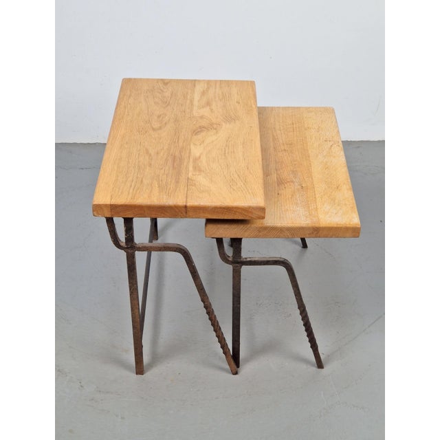 Black Brutalist Cast Iron and Oak Nesting Tables, 1970s, Set of 2 For Sale - Image 8 of 16